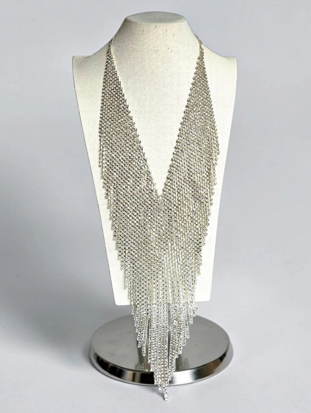 Natasha Couture Rhinestone Mesh Waterfall Fringe Necklace Silver Tone 20" to 25"